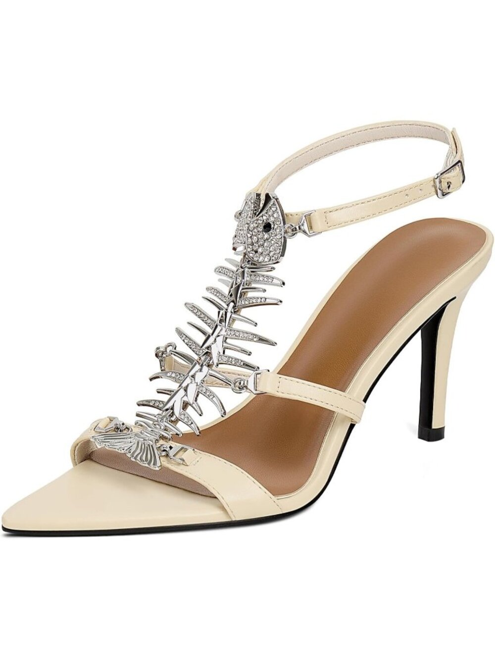 Women's Beige Faux Leather Fishbone Rhinestone Pointed Open Toe Sexy Dress Heels